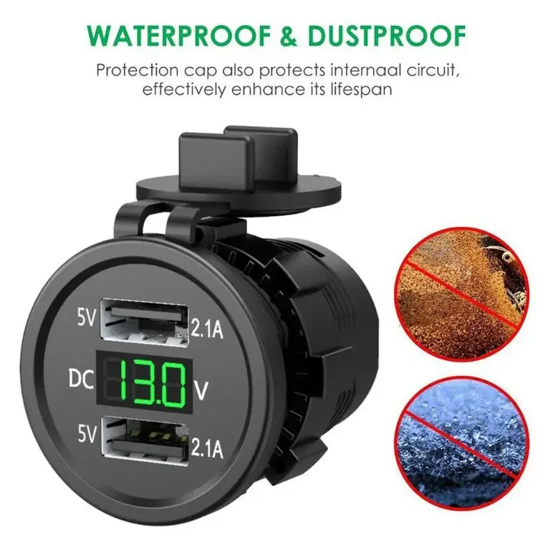 Waterproof Dual Ports USB Socket Adapte rwith Display Voltmeter for 12-24V Car Boat Motorcycle Vehicles