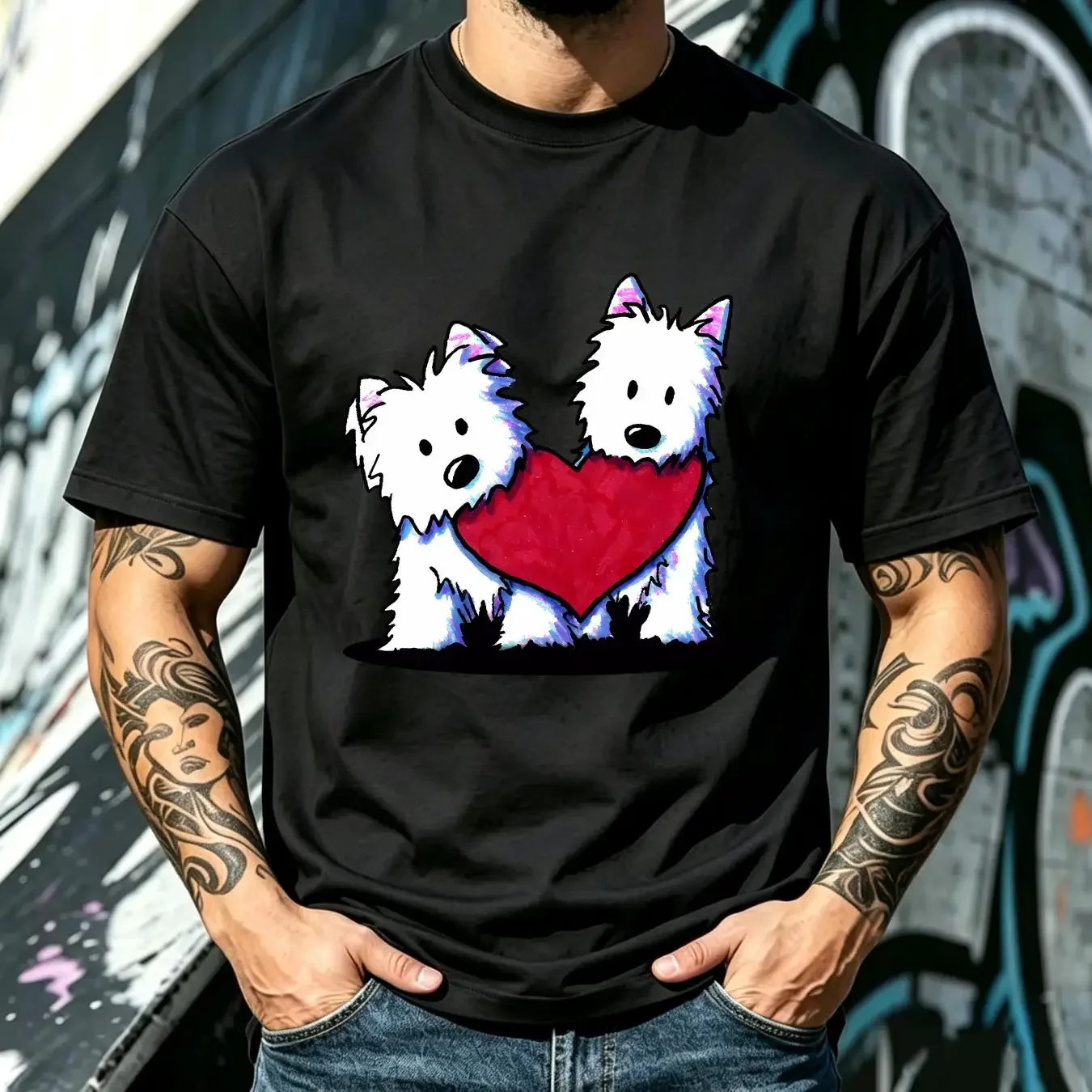 washed T Shirt Heartfelt Westie Terrier Handbags Portable Shopping Bag Large Capacity vintage Washed Stretched Breathable homme