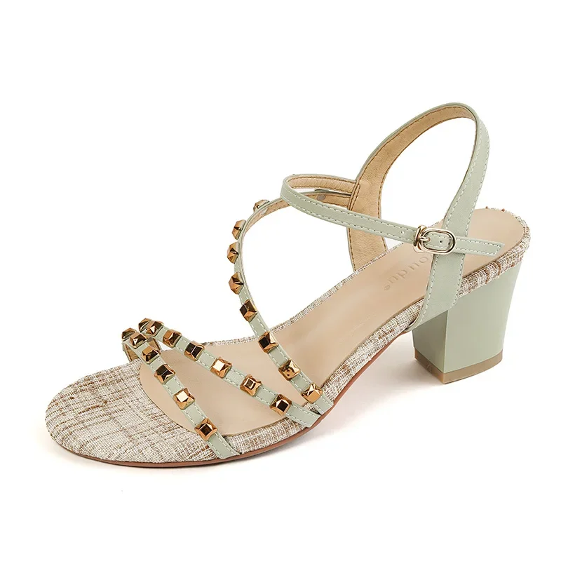 

Summer Sandals Retro Shoes Woman PeepToe Cowhide Leather One Strap Buckle Sandals French Style Ladies Shoes Thick Heel 6.5CM