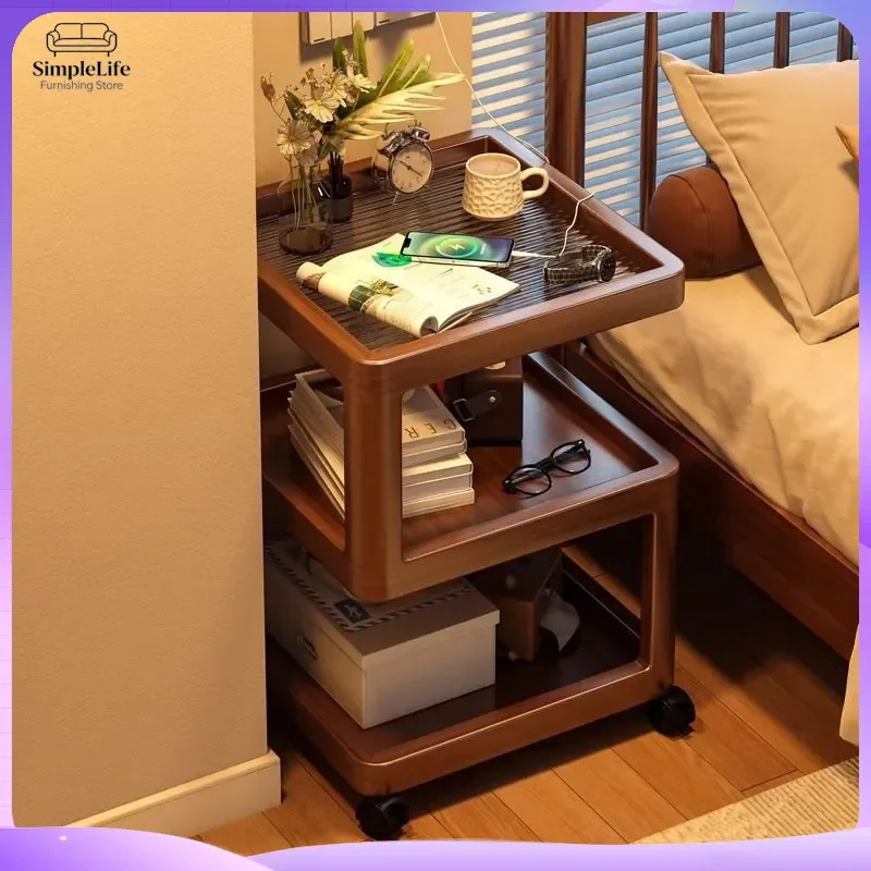 Luxury Modern Bedside Table with Wheels Acrylic Panel LED Light Storage Cabinet for Bedroom Living Room Small Space Home