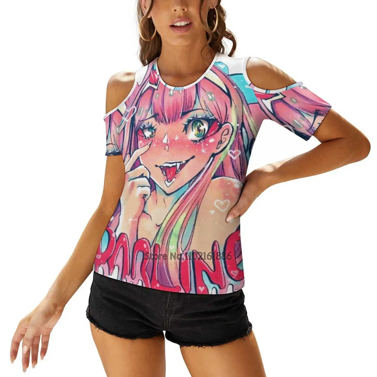 Darling In The Franxx Zero Two Zipper Sexy T-Shirt Casual Tops Hollow Pullover Ladies Top T Shirts Darling In The Franxx ー Zero