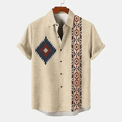 

Breathable bamboo hemp personalized print men's short-sleeved shirt daily handsome men's tops large size fashion shirt