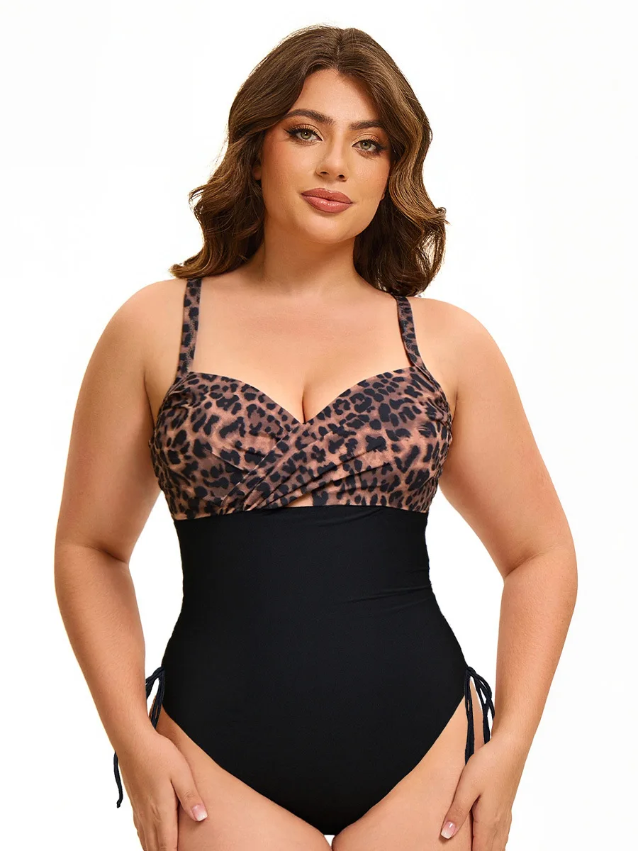 Plus Size Leopard One-Piece Swimsuit for Women - Underwire & Padded Push-Up, Tummy Control, Vintage Inspired Bathing Suit for Be