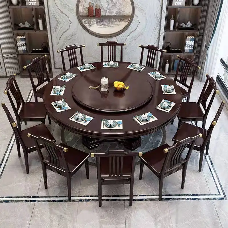 Solid wood round dining table and chair combination large round table with turntable 6/10 people home hotel solid wood dining