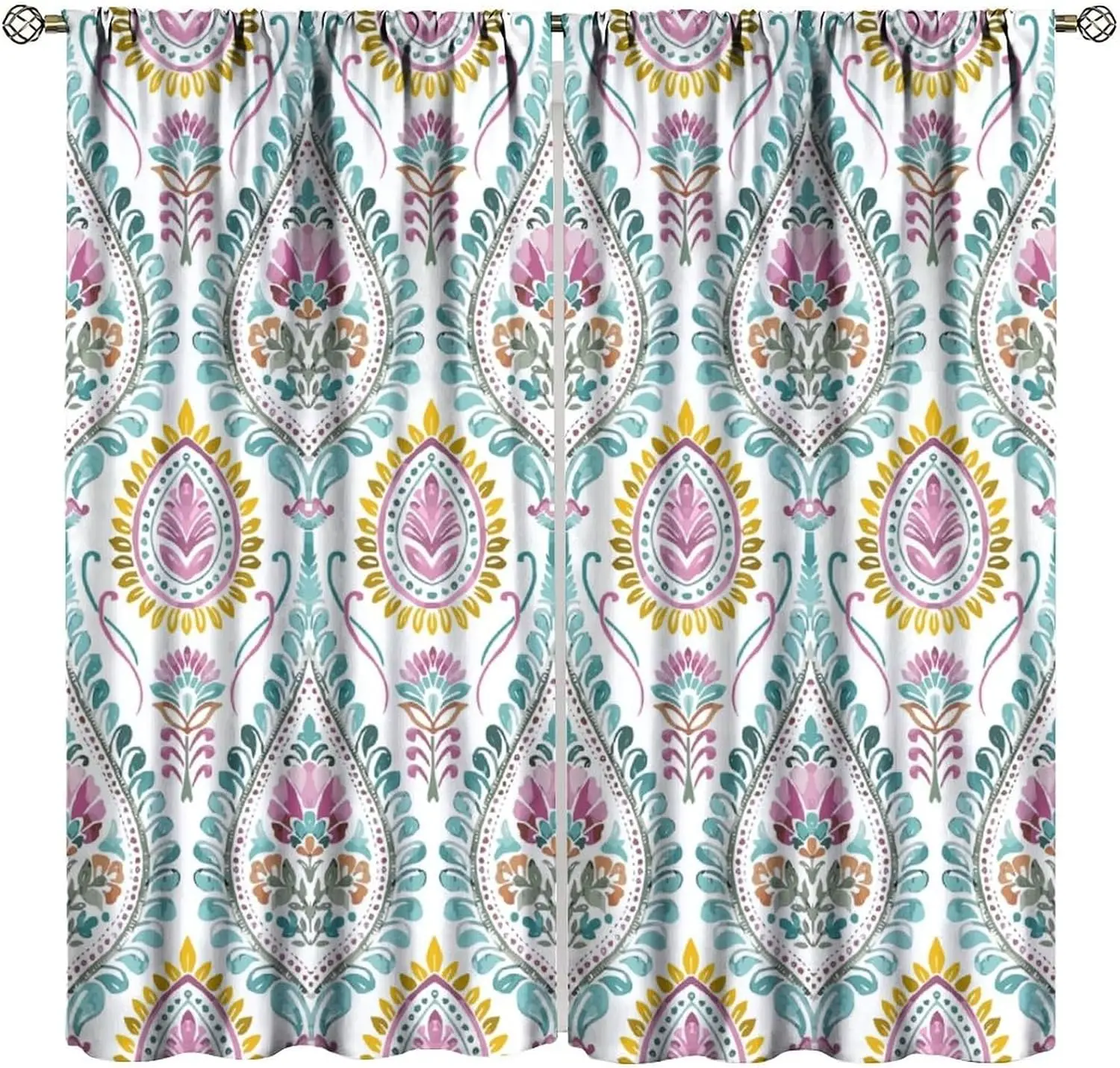 Boho Pastel Paisley Window Curtain 2 Panels, Retro Teardrop Bloom Yellow Edge Clean White Pattern,Drapes for Living Room Curtain