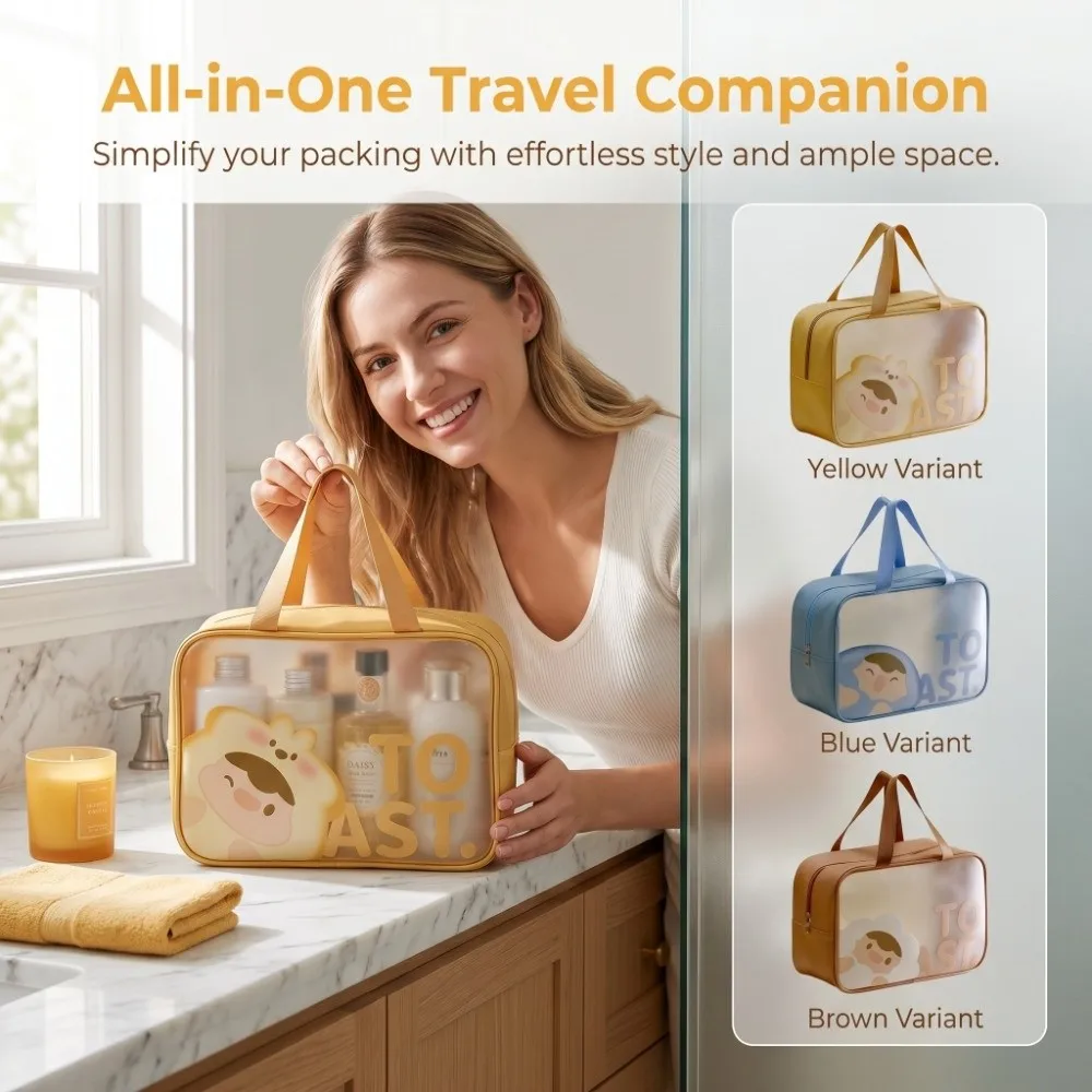 Portable Transparent Wash Bag Frosted Cartoon Print Large Capacity Cosmetic Bag Multi-Functional Waterproof Travel Makeup Case