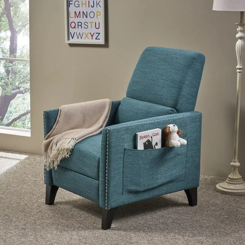 

Fabric Pushback Recliner Armchair with Side Pocket and Rivet Detail, Mid-Century Accent Chair for Living Room and Bedroom