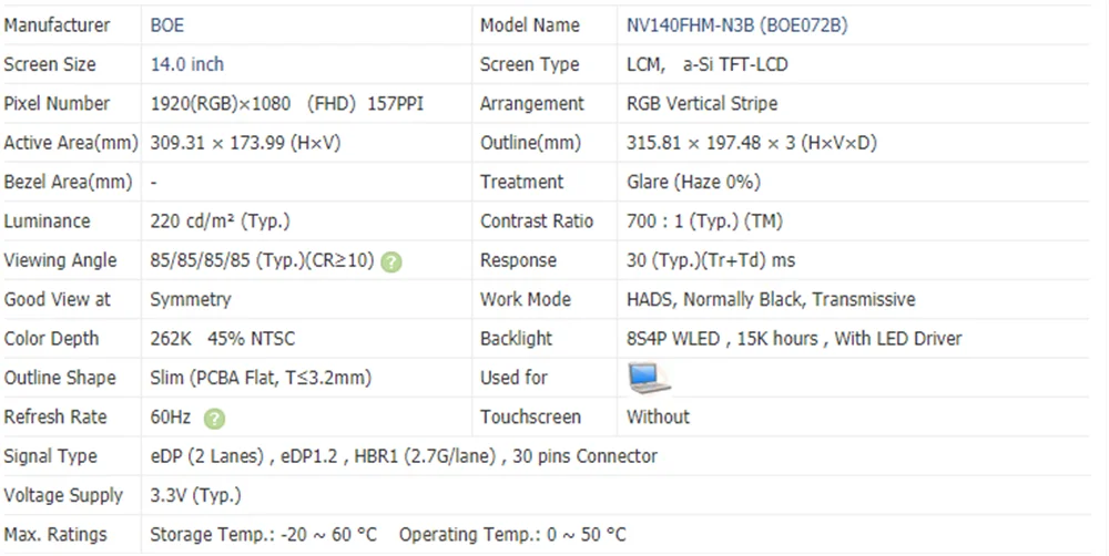 Écran LCD LED IPS 14 pouces pour HP pavillon FHD, 1920x1080, 30 broches, 60Hz, NV140FHM-N3B