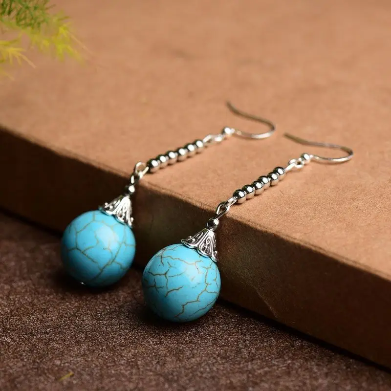 National style optimization turquoise earrings handmade, temperament exaggerated versatile retro long beads