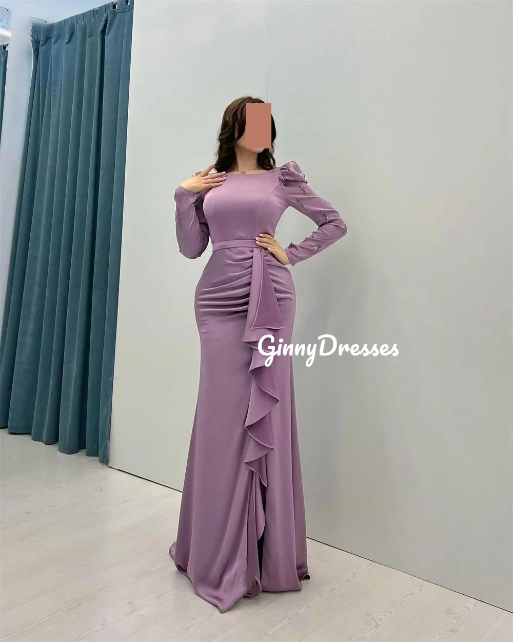 Vestidos personalizados para baile de formatura sereia decote colher até o chão plissado vestidos de noite de luxo mangas compridas vestidos de festa de casamento