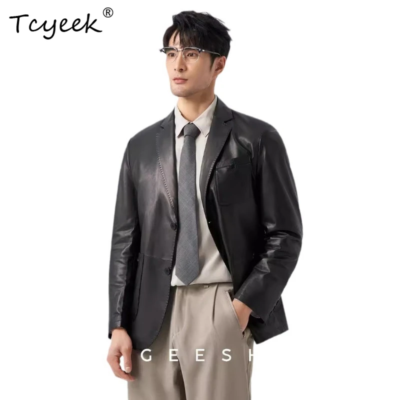 

Tcyeek Goatskin Spring Autumn High End Trendy Black Suit Collar Short Men Genuine Leather Jacket Jaqueta De Couro Masculina