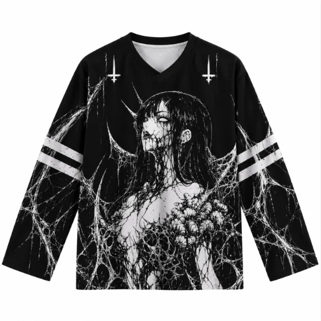 Gothic Horror Anime Girl Number 13 Spider Web Print Long Sleeve V-neck Ice Hockey Shirt Grunge Streetwear Unisex To