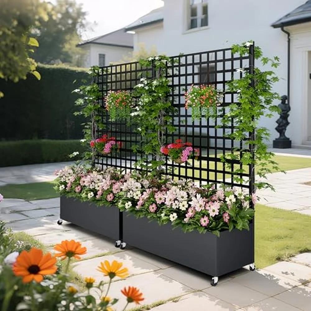 Metal Planter Box with Trellis Privacy Screen Raised Garden Bed with Lattice Trellis & Wheels Privacy Planters for