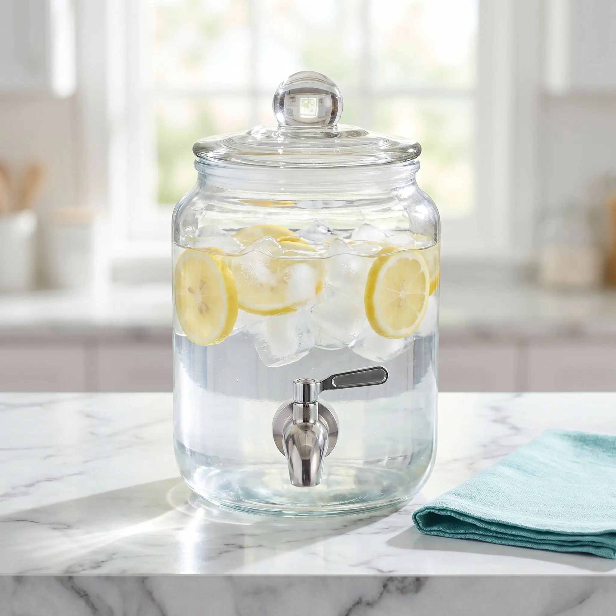 1.5L Glass Drink Dispenser with Stainless Steel Spigot, Airtight Lid for Lemonade, Iced Tea & Juice – Party Use