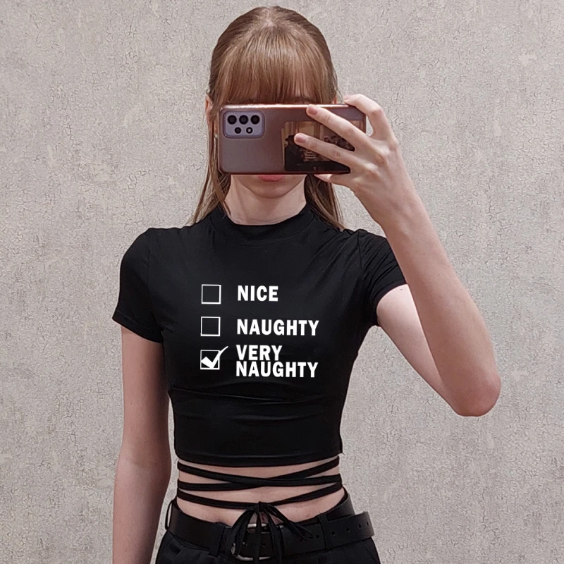 NAUGHTY Horns Sexy Crop Tops Summer Women Black Hot Short T-Shirts Short Sleeve Bandage Tee Tops Female Shirts Gilrs Clothes