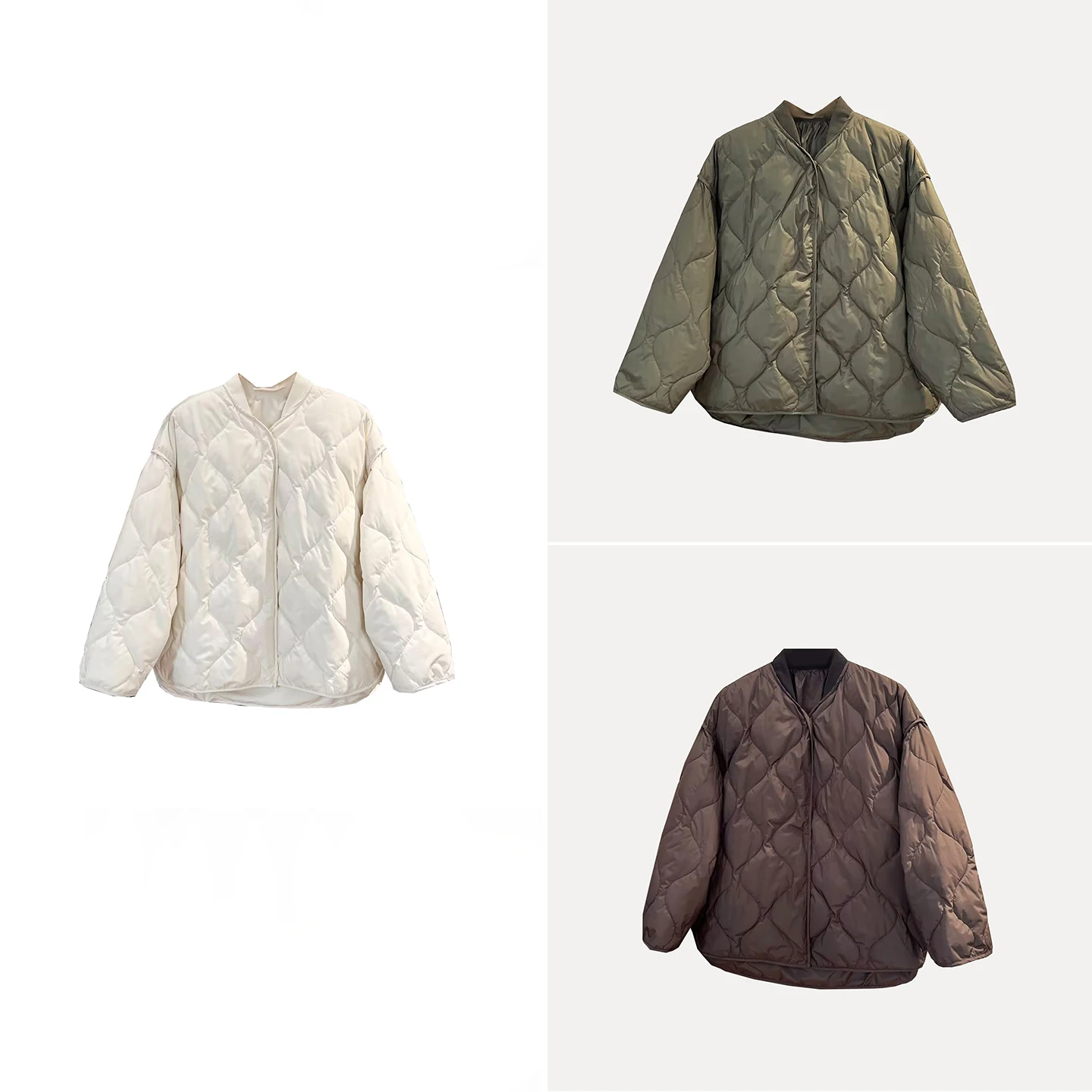 

Fashionable Diamond Pattern Textured Quilted Jacket Women's Coat Spring Autumn Long Sleeve Loose Fit Color Commute Style