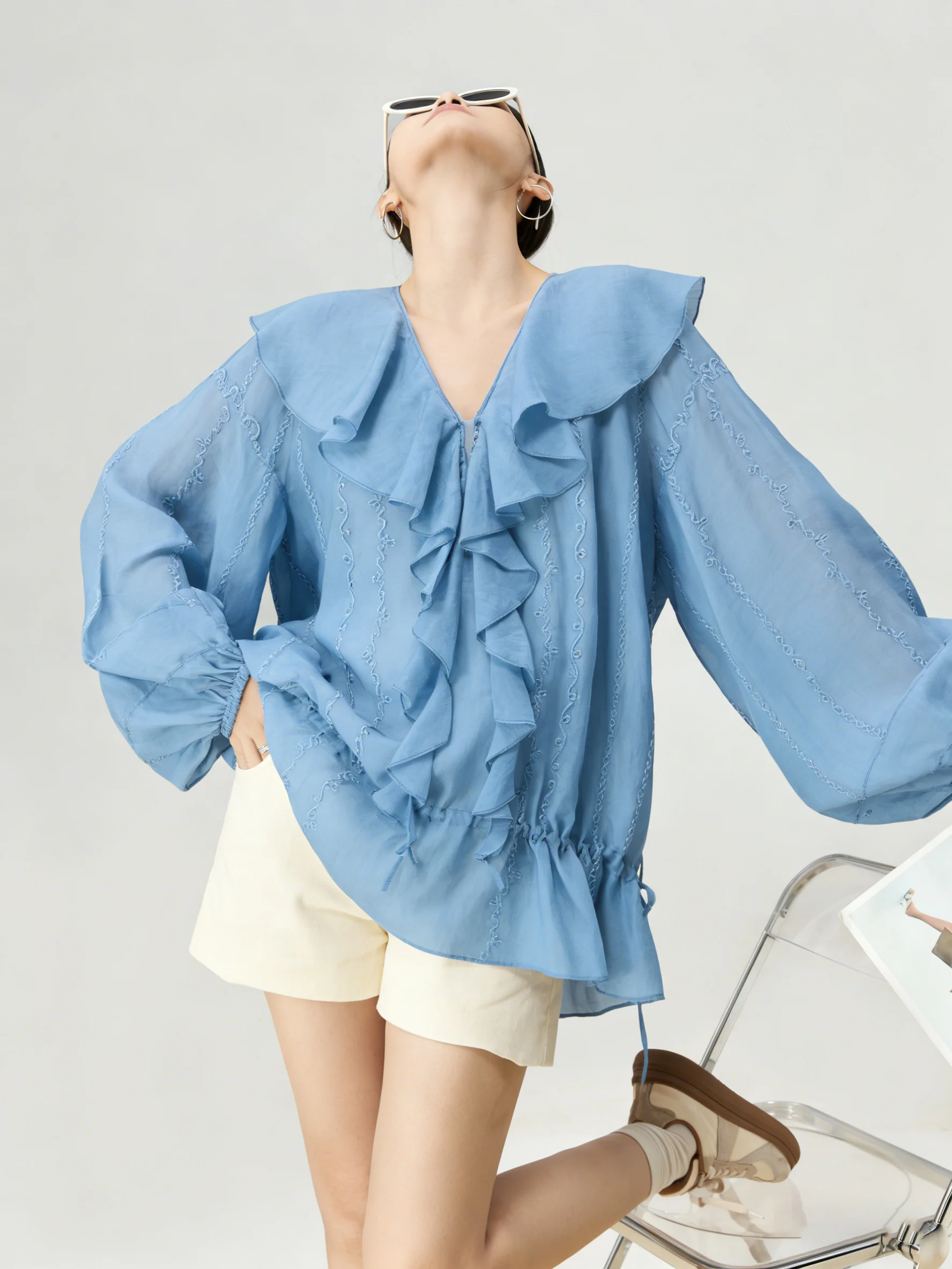 

Korean Style Embroidered Long Sleeve V-Neck Blouse Women's Fashion Casual Loose Fit Shirt Blue Floral Lace Hem Commute Wear