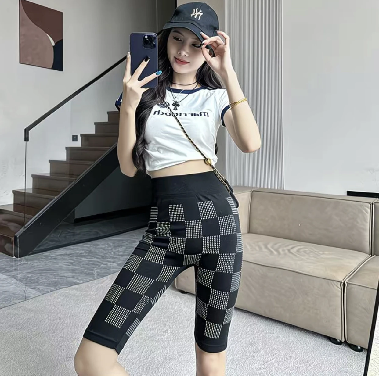 Women Checkerboard Biker Shorts High Waist Stretchy Knit Sports Shorts Summer Casual Skinny Cycling Shorts Workout Running Leggi