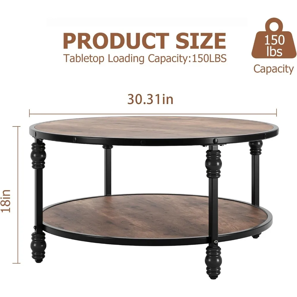 Coffee Table Round Rustic Center Table with Storage Shelf Wood Circle Coffee Table with Sturdy Metal Legs Living Room