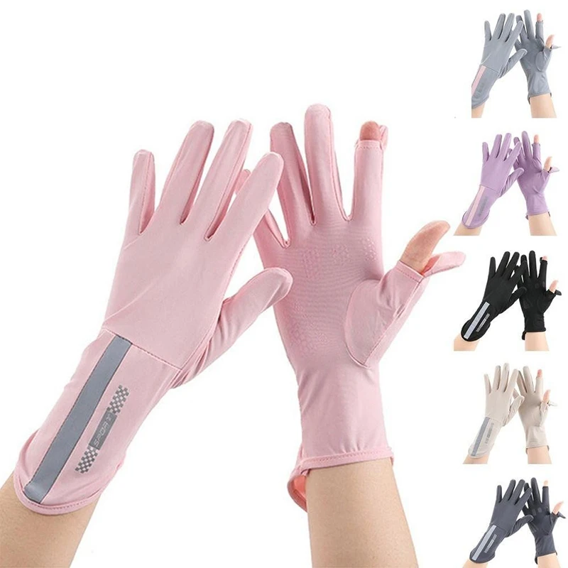 Summer Sunscreen Gloves Women Thin Ice Silk Anti-ultraviolet Dew Finger Touch Screen Driving Riding Non-slip Breathable Gloves