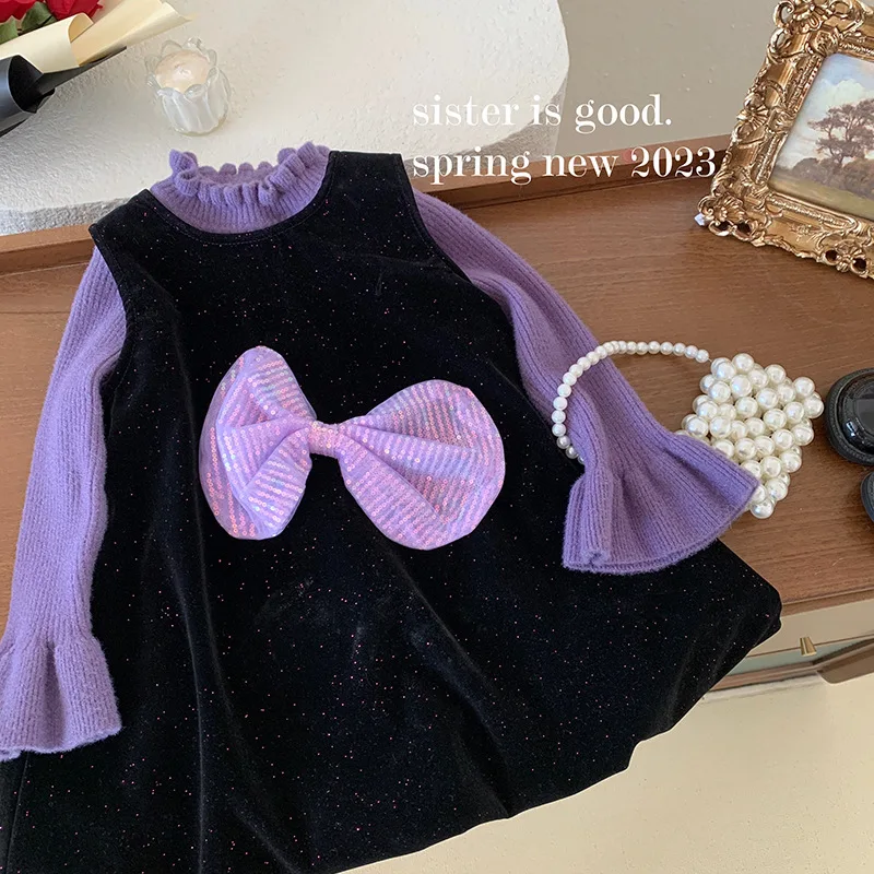 

Girls Dress Spring and Autumn New Children's Bow Vest Plus Velvet+Lace Base Layer Set Trendy