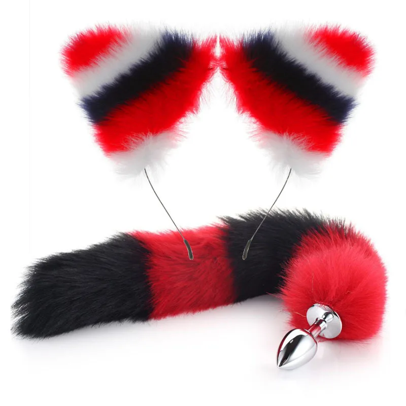 SM Exotic Cat Ear Sex Toy Fox Tail Clip Ears and Neck Collar Chocker with Heart Metal Ring for Men Women Cosplay Halloween Party