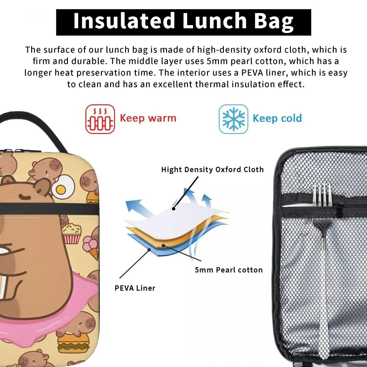 لطيف كابيبارا حقيبة الغداء المحمولة سستة علب الاغذية للجنسين مدرسة حقيبة للحفاظ على البرودة الترفيه أكسفورد الحرارية حمل حقائب اليد #3