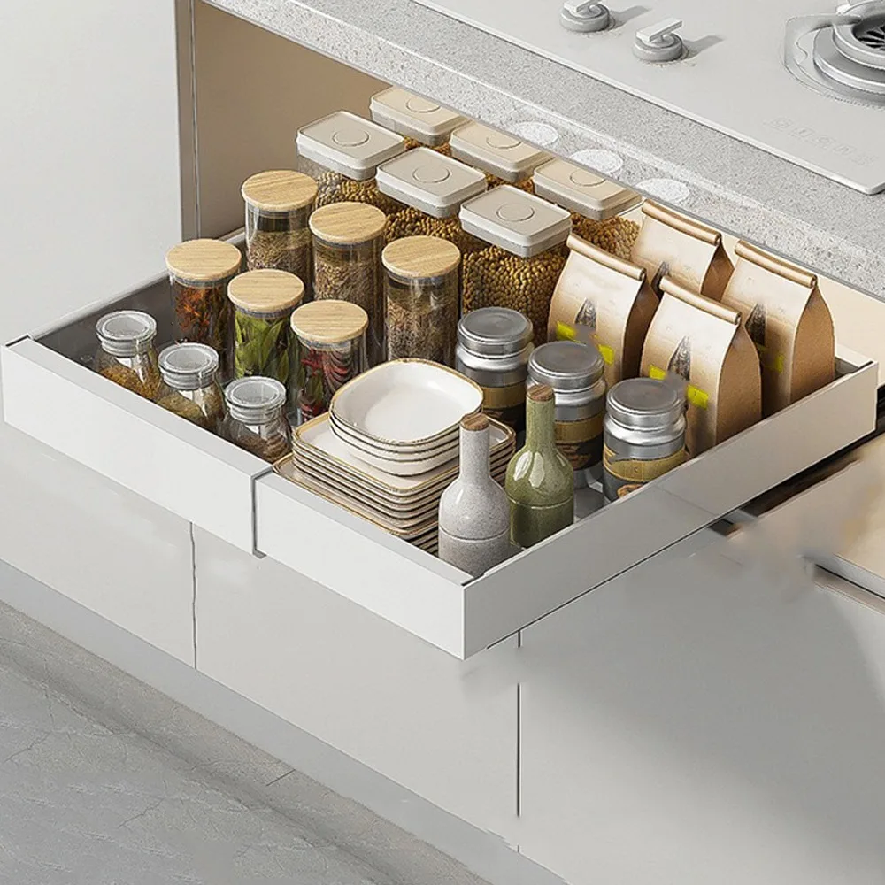 

Multifunctional Retractable Cabinet Basket Metal Extendable Non-perforated Kitchen Storage Rack Drawer Type Adjustable Width