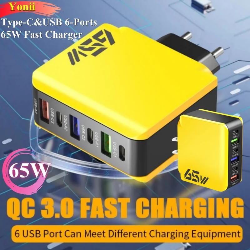 

Type-C&USB Muti Plug Port 65W PD Quick Charger for Mobile Phone QC3.0 Fast Charging Wall Power Adapter for iPhone Xiaomi Samsung