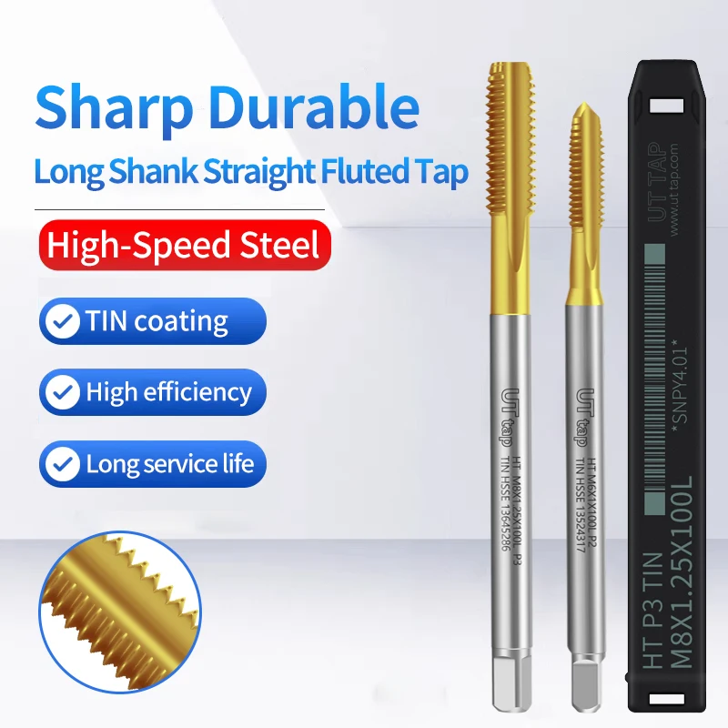 UT TAP HSSE-M35 JIS Standard TIN Coating Long Shank 100L Straight Fluted Hand Tap M3 M4 M5 M6 - M12 Machine Screw Thread Taps