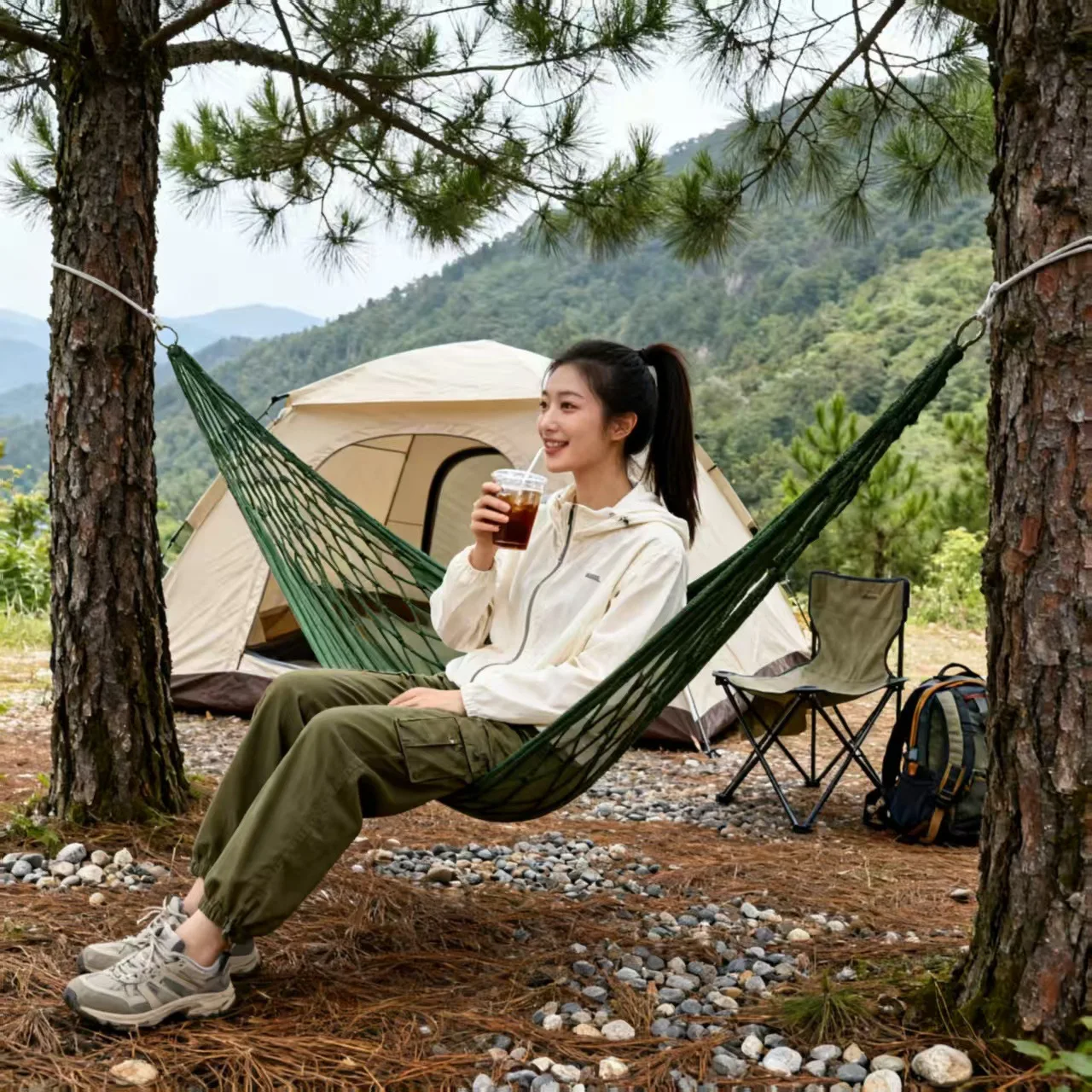 CX outdoor products bold mesh camping hammock, nylon rope single hammock nylon rope