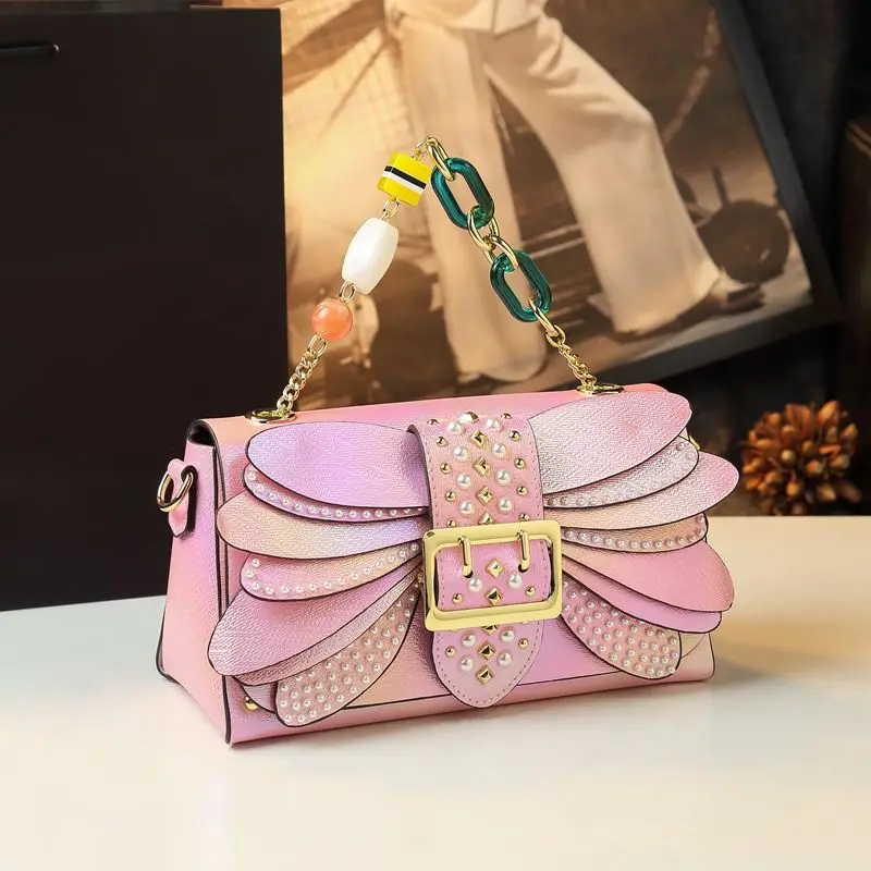 

2025 New Pearl Riveted Wings Women Handbags Leather Chain Small Square Bag Temperament Bags