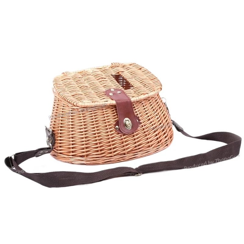 

Hand-woven Fish Cage with Lid Wooden Fishing Bucket Willow Creel Rattan Fish Basket