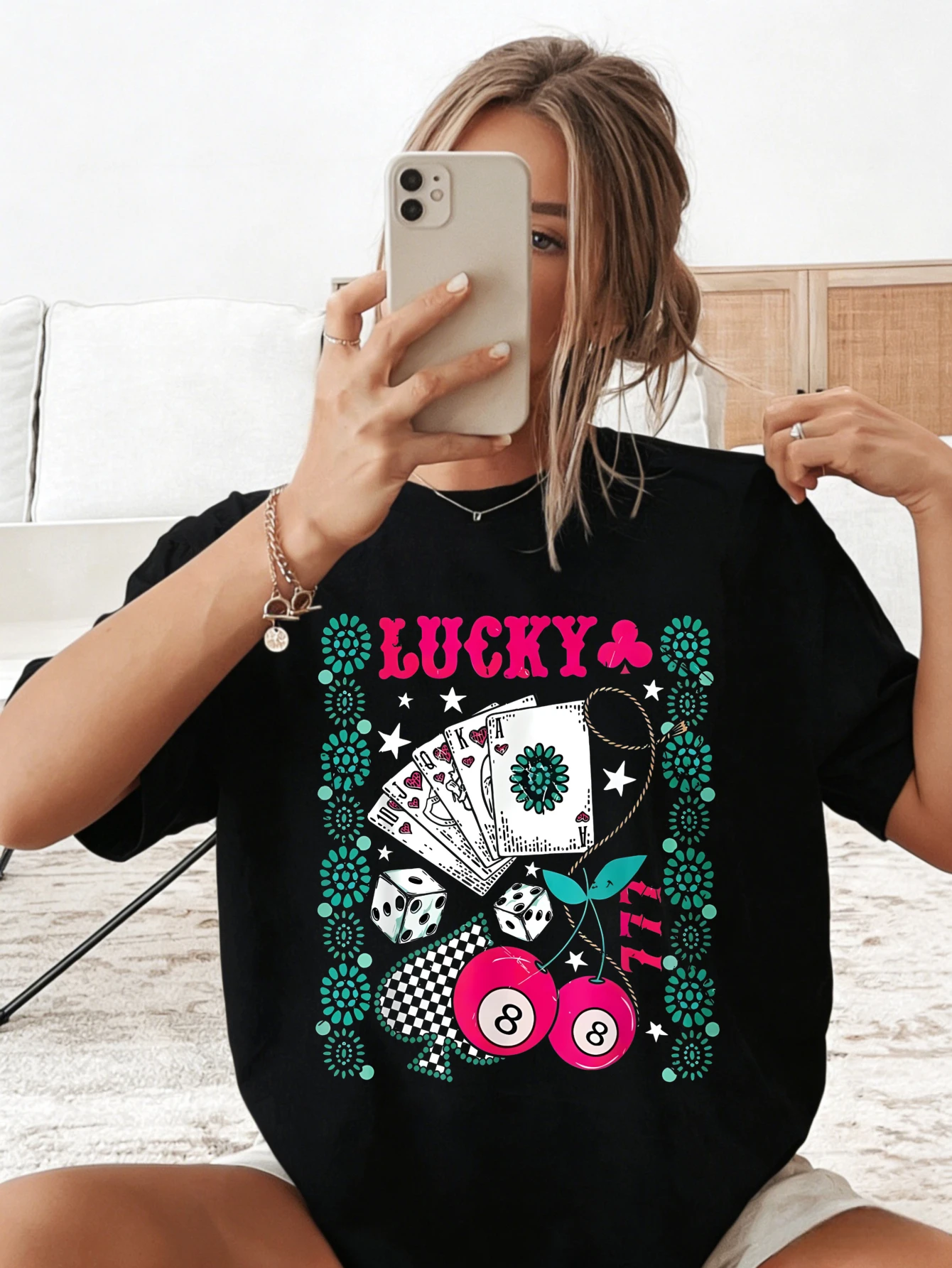 Women's Y2K Oversized Cotton Lucky Poker Dice 8 Ball Graphic Printed Short Sleeve Casual T Shirt for Her