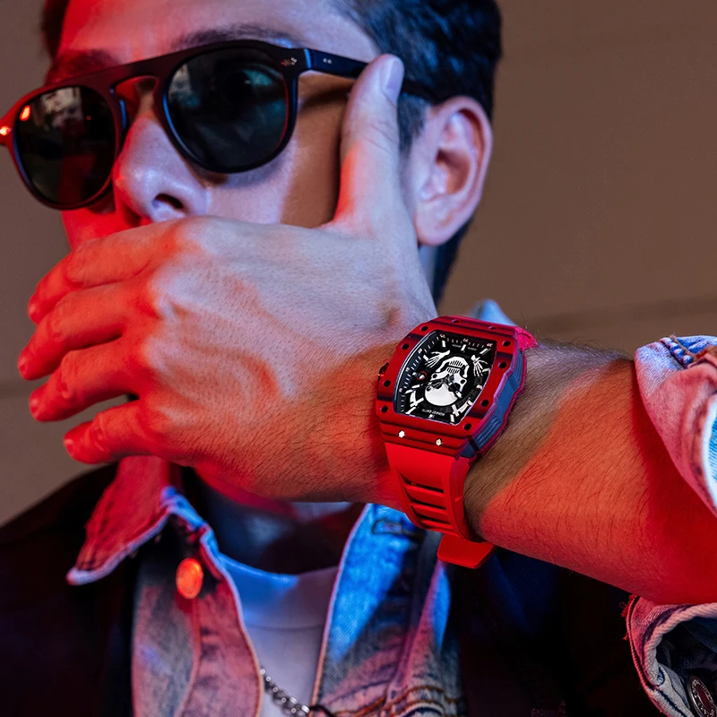 BONEST GATTI ساعة أوتوماتيكية للرجال 52 مللي متر Tonneau ساعة يد ميكانيكية من ألياف الكربون الياقوت مرآة مضيئة الهيكل العظمي الجمجمة الهاتفي