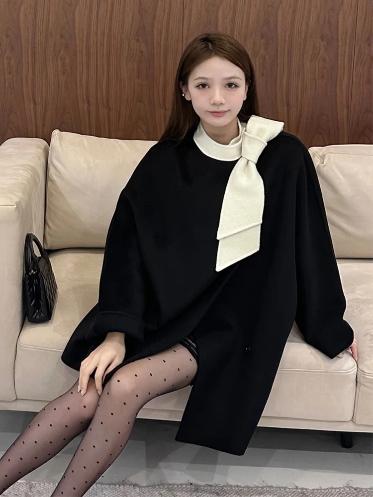 

Elegant Black Woolen Coat Stylish Korean Drama Inspired Small Fragrance Style Outerwear for Women Autumn Winter Collection