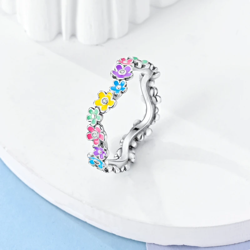 Original 925 Sterling Silver Rings Colorful Oil Drip Flower Rings For Women Girls Jewelry Birthday Anniversary Gifts image 3