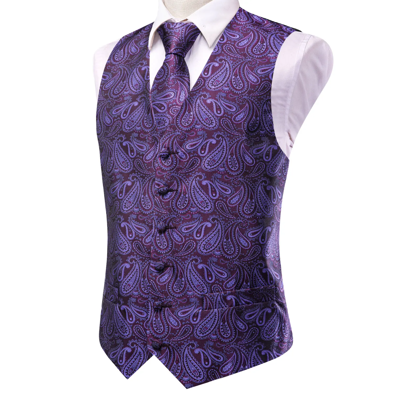 Hi-Tie Dark Purple Men Silk Vest Paisley Jacquard V-Neck Waistcoat Necktie Hanky Cufflinks Clips Wedding Business Formal Party