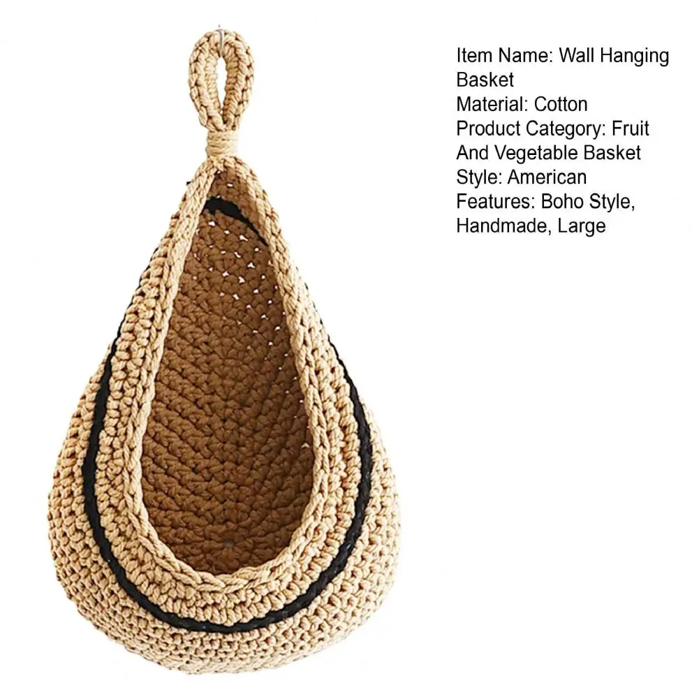Woven Hanging Wall Basket Cotton Rope Knitted Rustic Boho Jute Waterdrop Shape Fruits Vegetable Storage Net Bag Kitchen Supplies