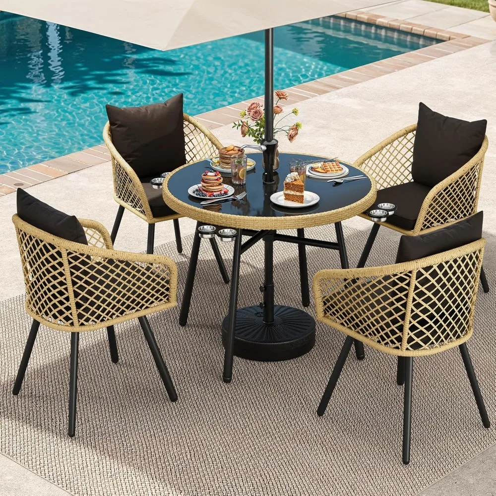 

5-Piece Outdoor Dining Set with Umbralle Hole, Rattan Patio Dining Set for 4 with Cup Holders Soft Cushions and Glass Top Dinin