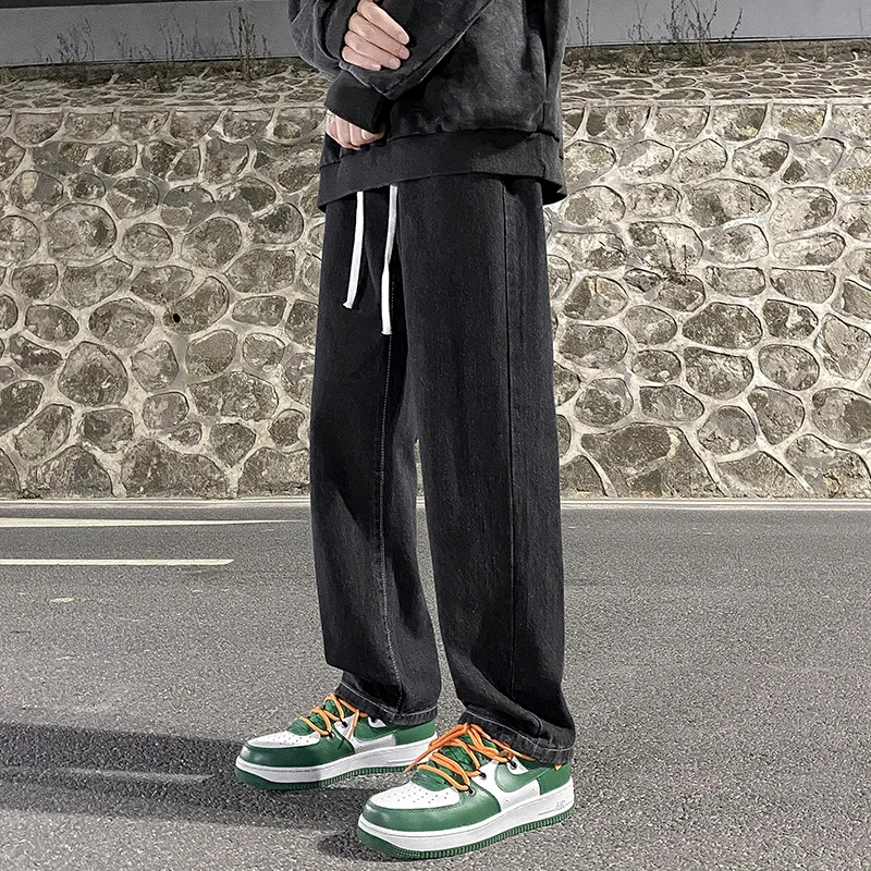 

Men's Drawstring Wide Leg Jeans Spring Autumn Versatile Loose Straight Casual Long Trousers Comfortable Loose Fit Jeans