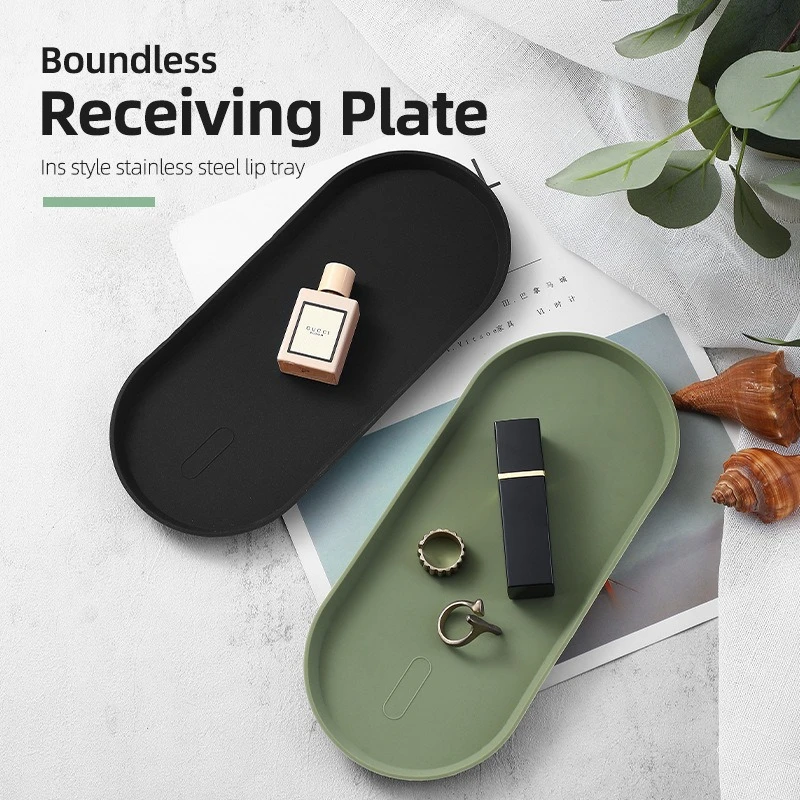 1pc Silicone Tray Non-Slip Bathroom Kitchen Countertop Organizer Oval Easy Clean Tray for Cosmetics Jewelry Perfume Soap Storage