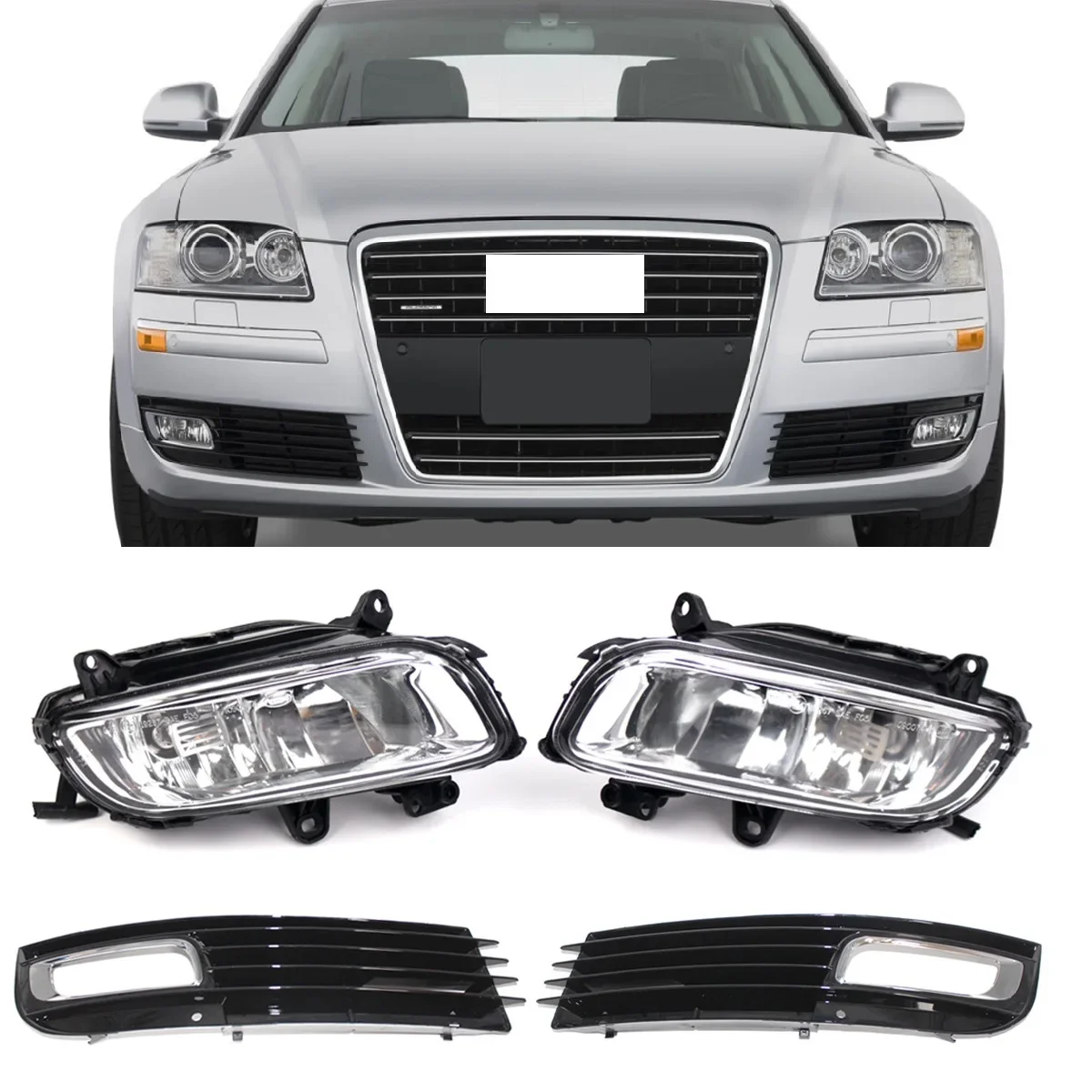 A set four pieces Front bumper Foglight Fog light and frame Grille Cover for Audi A8 D3 2008 2009 2010