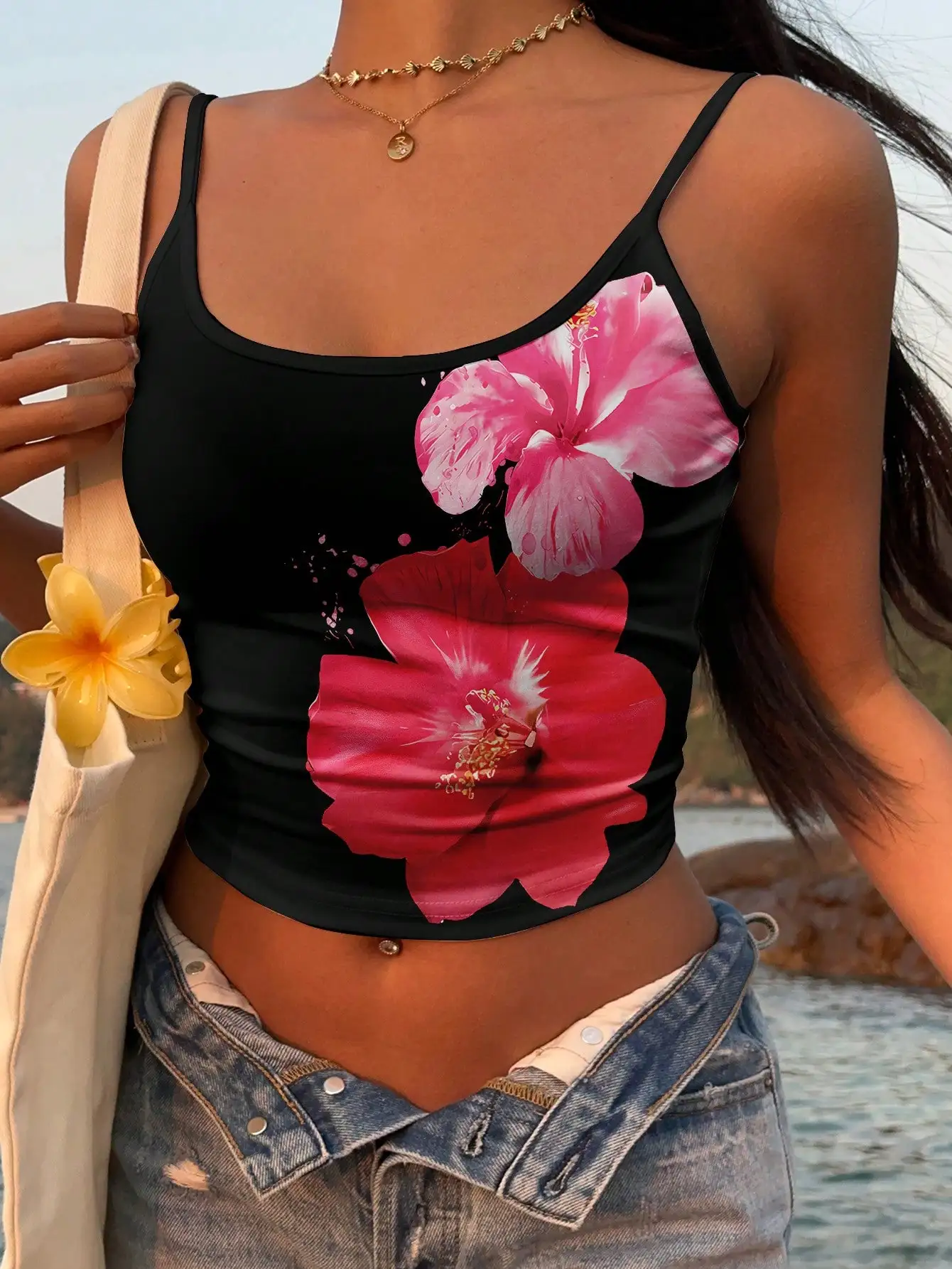 Veykashi Damen-Top mit Blumendruck, lässiges Camisole-Top, Y2k-Top, Tank-Top, Damenkleidung, sexy Top, Tank-Top für Damen, Damen-Tops – Detail 10
