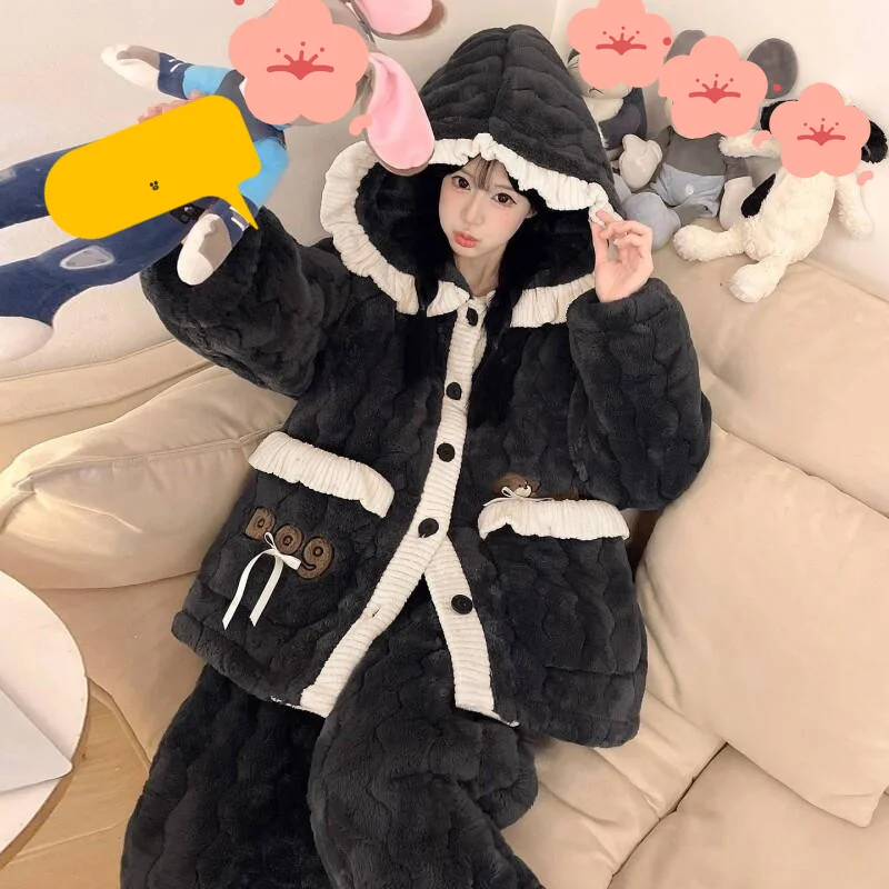 

Women's pajamas Comfortable Sleepwear Cotton Pajama Set winter autumn Quilted French Cute Teen Coral Fleece Thick Home Suit