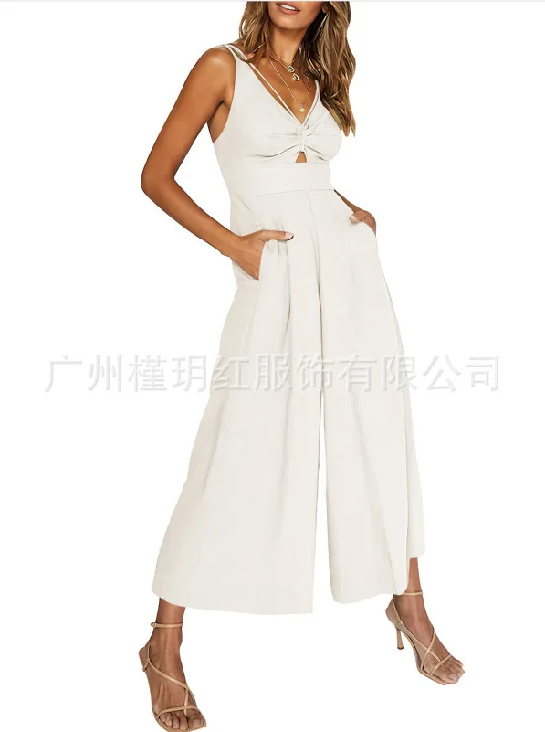 One Piece Women Solid Jumpsuits Sleeveless V Neck Hollow Out Rompers Wide Leg Long Pants Overalls Loose Casual Regular 2024