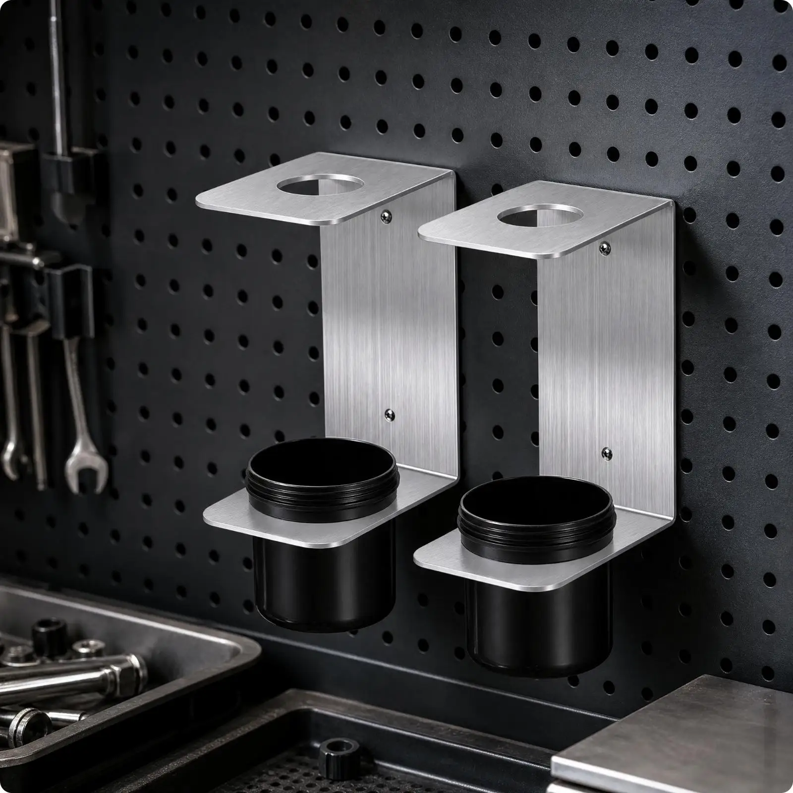 Brushed Silver Aluminum Funnel Holder with Removable Drip Basin for Automotive Maintenance and Garage Organization