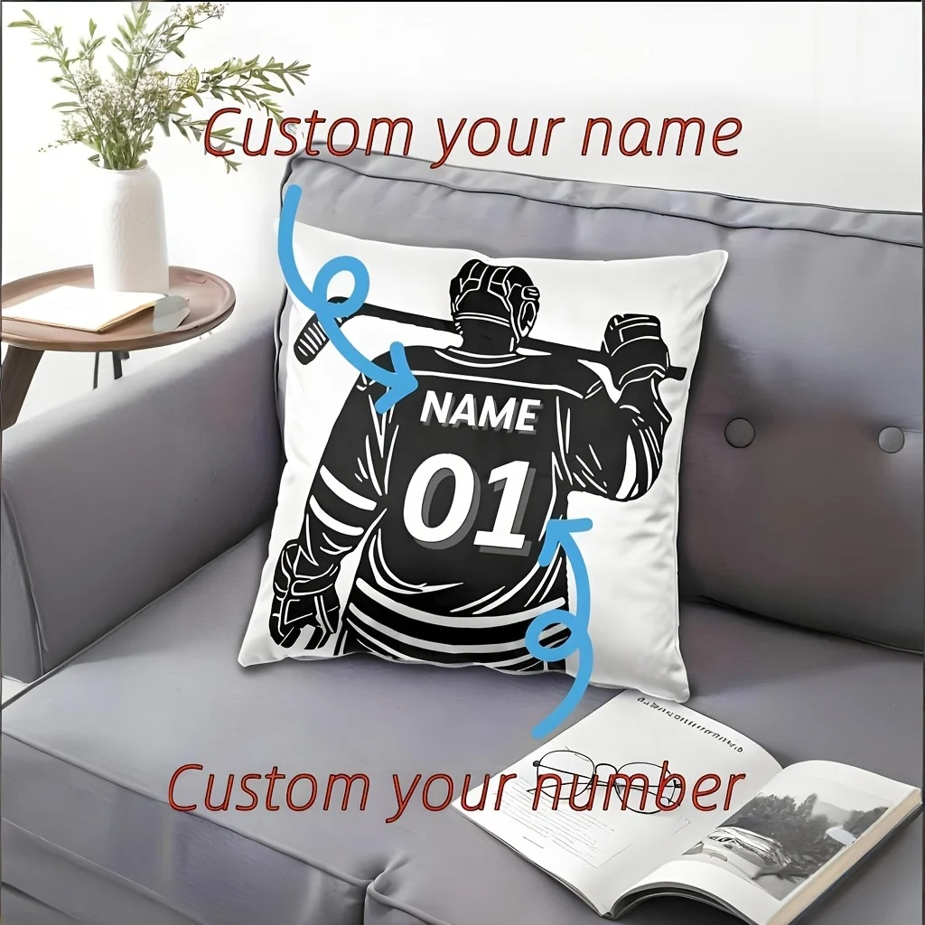 1 personalized ice hockey sports shirt pillowcase with custom name and number, designed for black and white ice hockey players