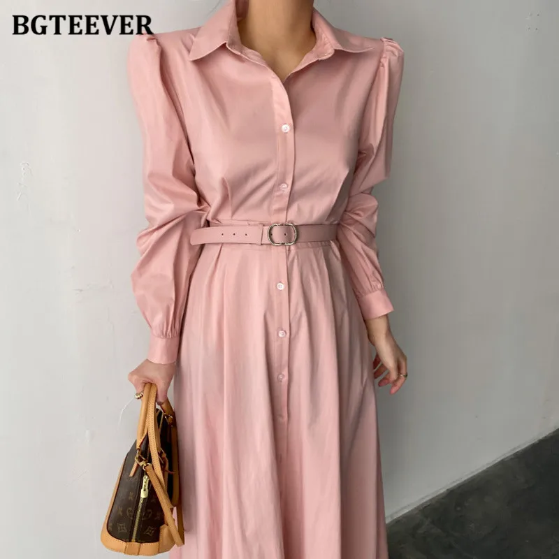 BGTEEVER Vintage Turn-down Collar Single-breasted A-line Dress Women Elegant Long Sleeve Belted Slim Waist Female Dress vestidos