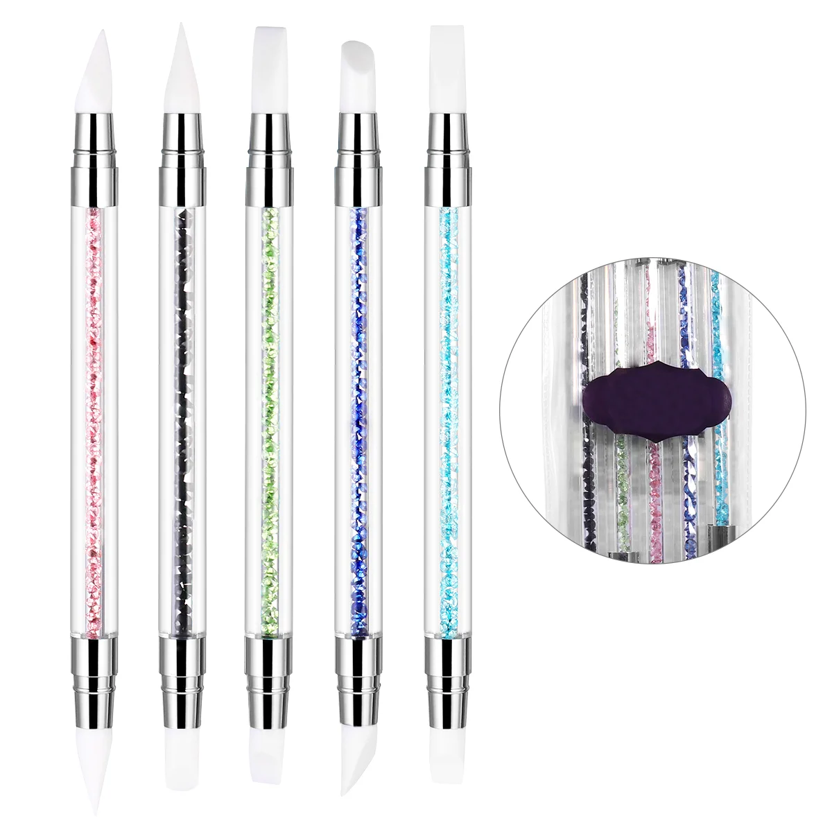 Frcolor 5PCS Silicone Nail Gel Carving Pen Pencil Tool Set With Acrylic Rhinestone Handle